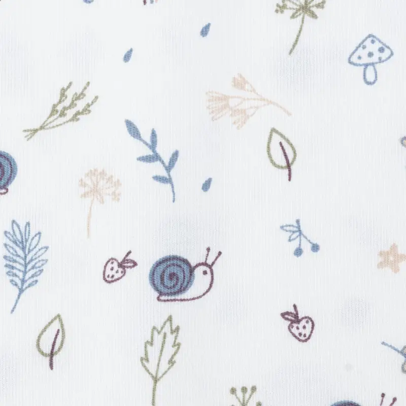 Jersey Baumwolljersey Baby und Kinderstoff Schnecken Zweige Pilze wollweiß blau 1,5m Breite Finale Aktion