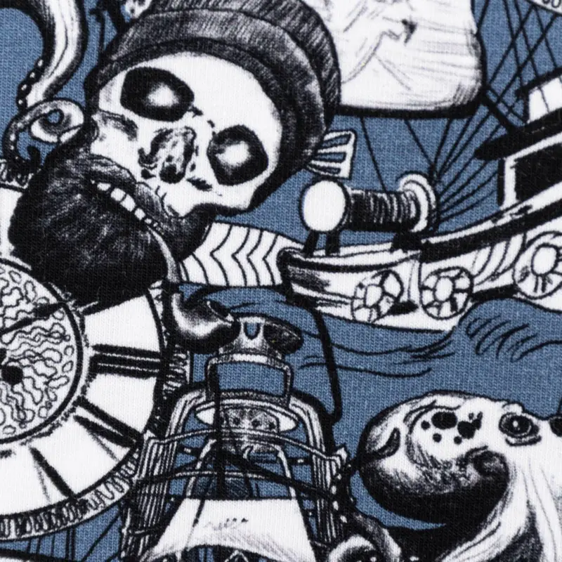 Jersey Stoff Baumwolljersey Digital Skulls Pirat Totenkopf Segelschiff blau 1,50m Breite Bestseller