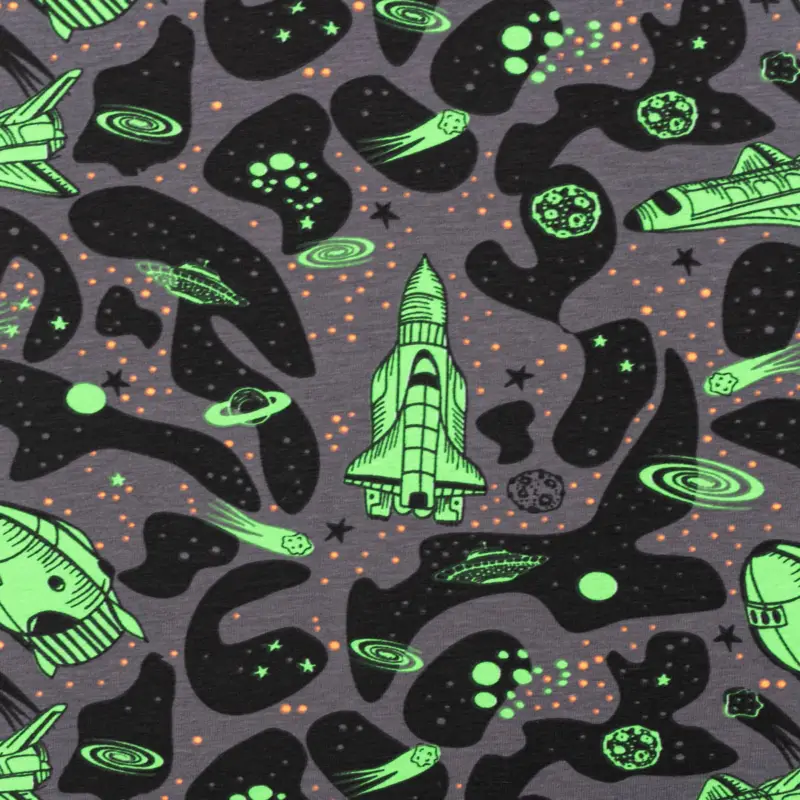 Solange Der Vorrat Reicht Jersey Stoff NEON SPACE Weltraum Rakete grau neon grün 1,45m Breite