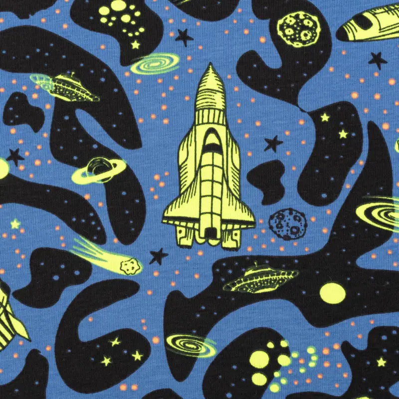 Jersey Stoff NEON SPACE Weltraum Rakete blau neon gelb 1,45m Breite Beliebt