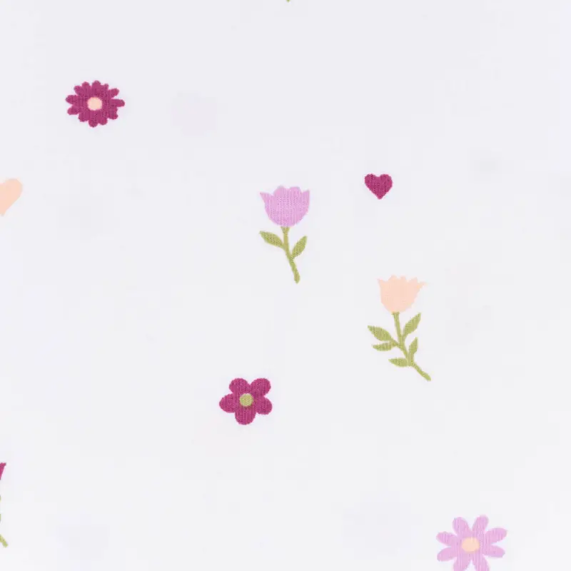 Direkt Vom Hersteller Jersey Stoff Bio Organic FLOWERS Blumen Herzen weiß lila 1,45m Breite