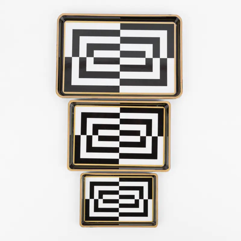 Finale Aktion 3er Set Dekotablett aus Kunststoff mit goldfarbigem Rand schwarz weiß 32x21,5x2,5cm