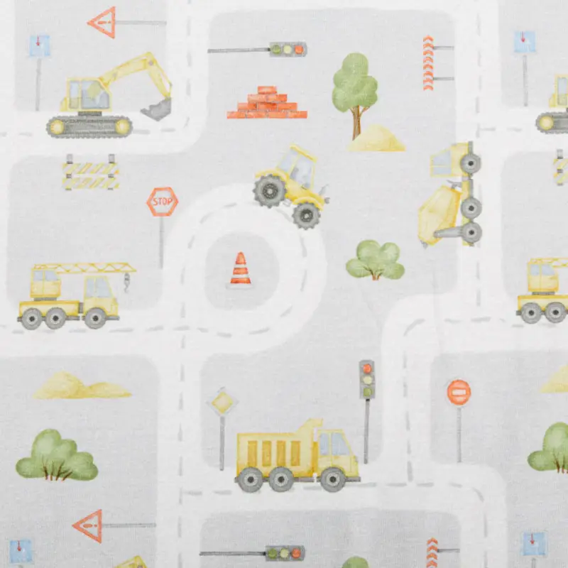 Jetzt Kaufen Jersey Stoff Digitaldruck Aquarell Straße Baufahrzeuge grau bunt 1,4m Breite