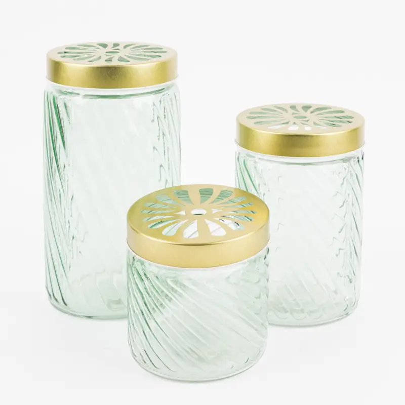 Beliebt Vase aus Glas mit perforiertem Deckel aus Metall diagonale Linien hellgrün gold verschiedene Größen
