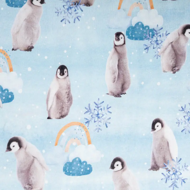 Jersey Stoff Baumwolljersey Digitaldruck Pinguin Schneeflocke Wolken blau grau 1,45m Breite Sofort Bestellen