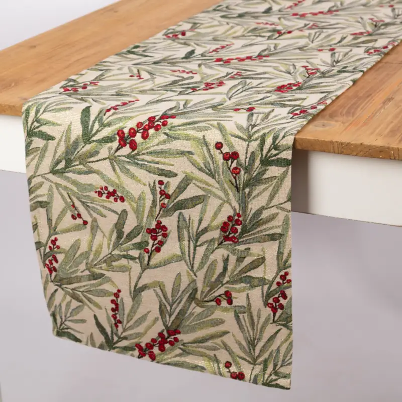 Günstig Tischläufer Gobelin Mistelzweige mit Beeren und goldfarbigen Lurexeffekten beige rot grün 4 0x160cm von SCHÖNER LEBEN.