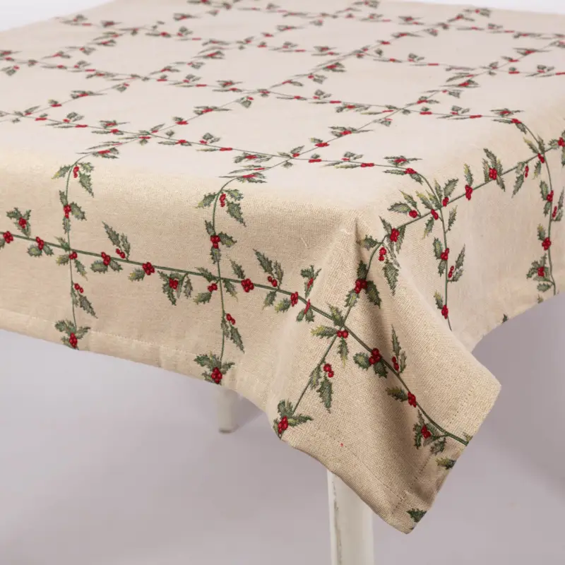 Tischdecke Gobelin Mistelzweige mit Beeren Gitter beige rot grün in versch. Größen von SCHÖNER LEBEN. Top-Seller