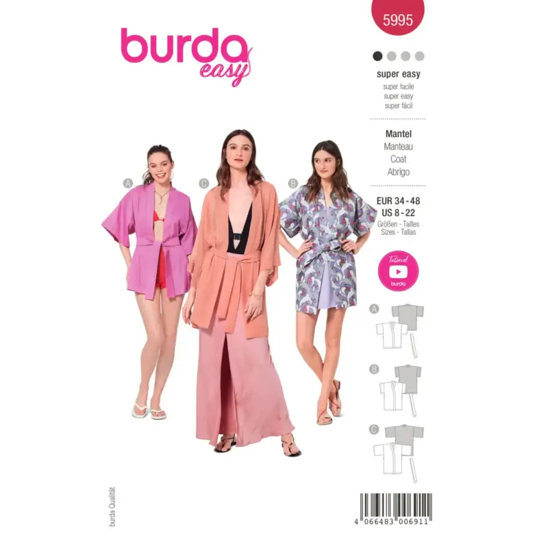 Burda Schnittmuster 5995: Kimono Mantel, Gr. 34-48 Nur Heute