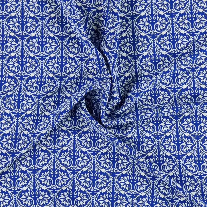 Gewebte Viskose weiß blau Barockprint Meistverkauft
