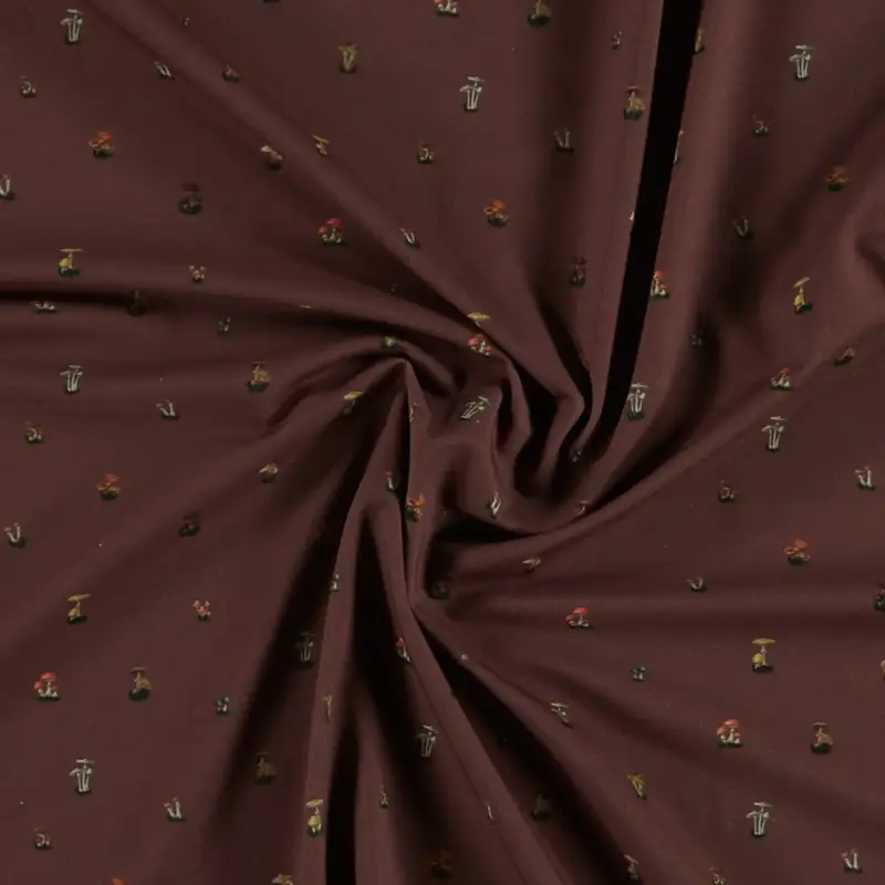 Heißes Angebot Baumwolljersey mit Stretch, bordeaux mit Pilzen