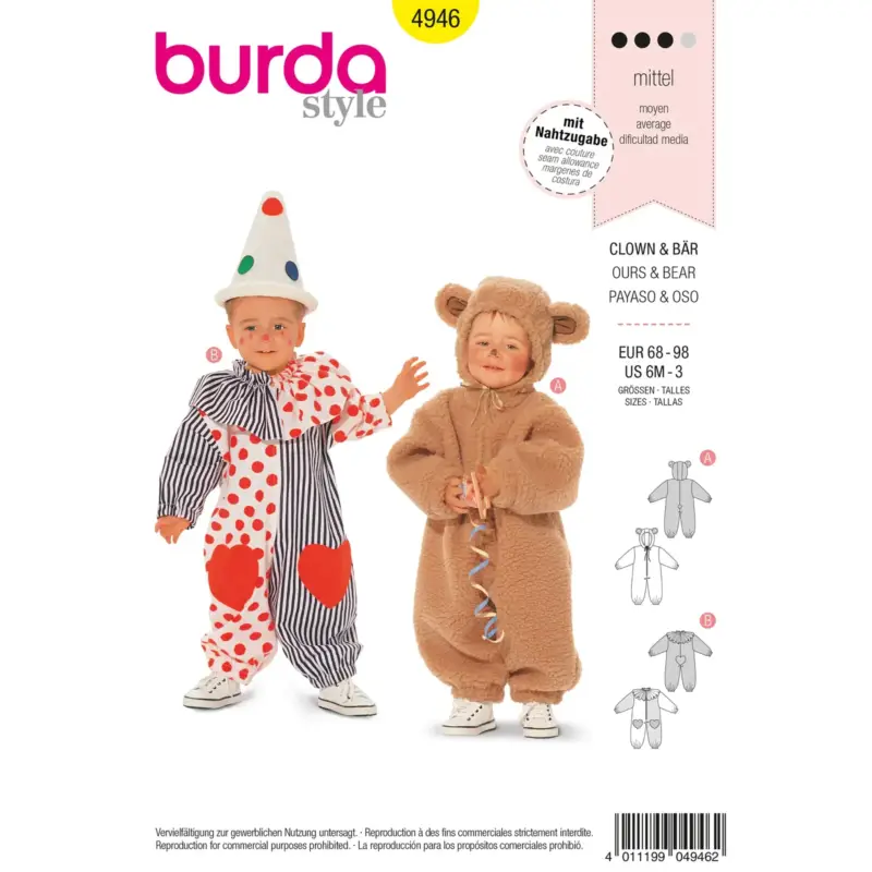 Preis Gesenkt Burda Schnittmuster 4946: Bär + Clown Strampler Baby, Gr. 68-98