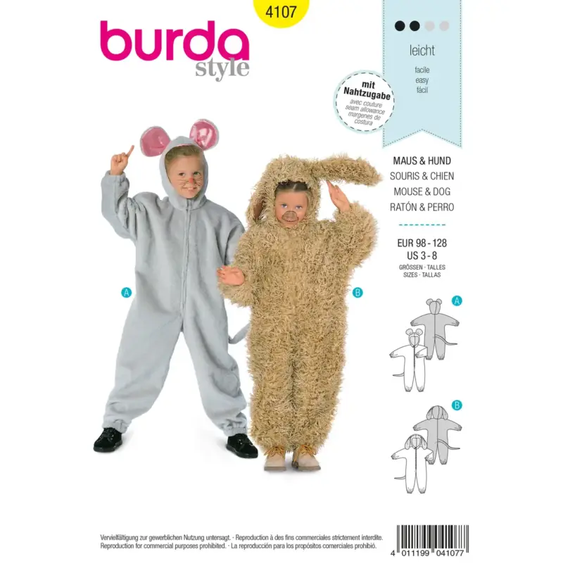 Burda Schnittmuster 4107: Hund + Maus Strampler Kinder, Gr. 98-128 Schnäppchen