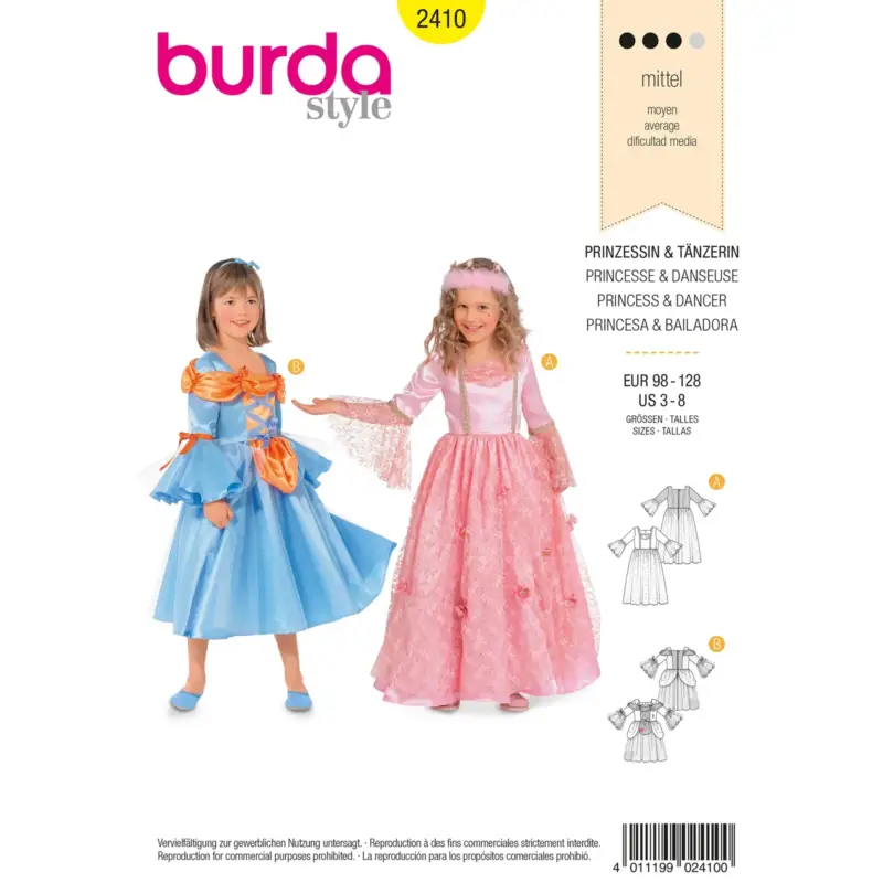 Schneller Versand Burda Schnittmuster 2410: Prinzessin Kinder, Gr. 98-128