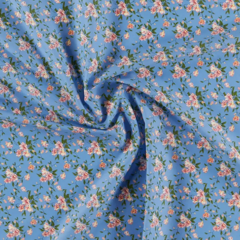 Baumwolle blau m. rosa Blumen Neu