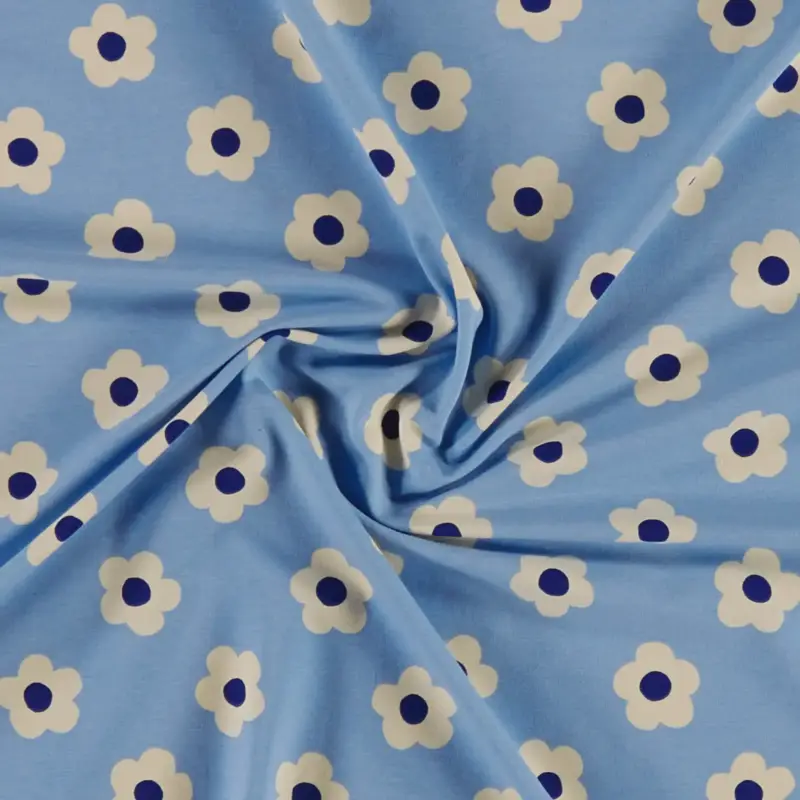 Baumwolljersey mit Stretch, hellblau mit weißen Blumen Neue Kollektion