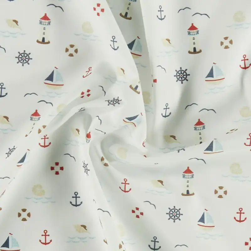 Highlight 100 % gewebte Baumwolle, weiß mit maritimem Print