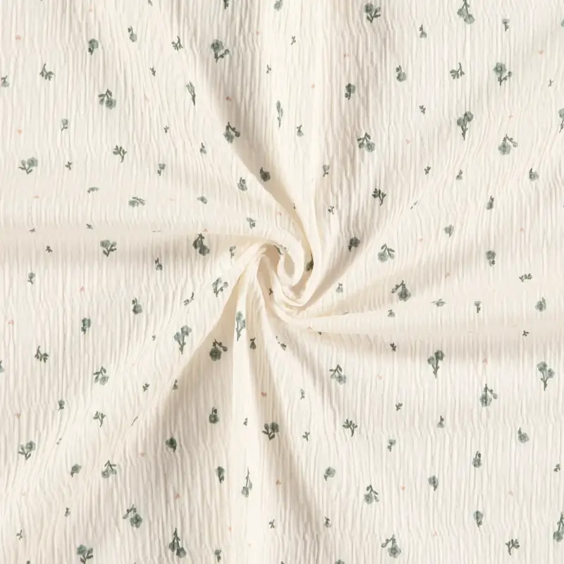 Bio-Baumwolljersey mit Struktur, offwhite mit blauen Blumen Begrenztes Angebot