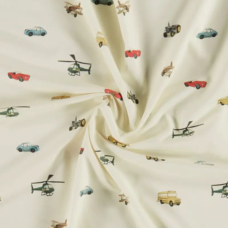 Online Kaufen Baumwolljersey mit Stretch, offwhite mit Auto, Flugzeug, Bus, Helikopter und Traktor