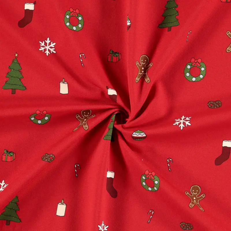 Geprüft Baumwolljersey mit Stretch, rot mit Weihnachtsmotiv