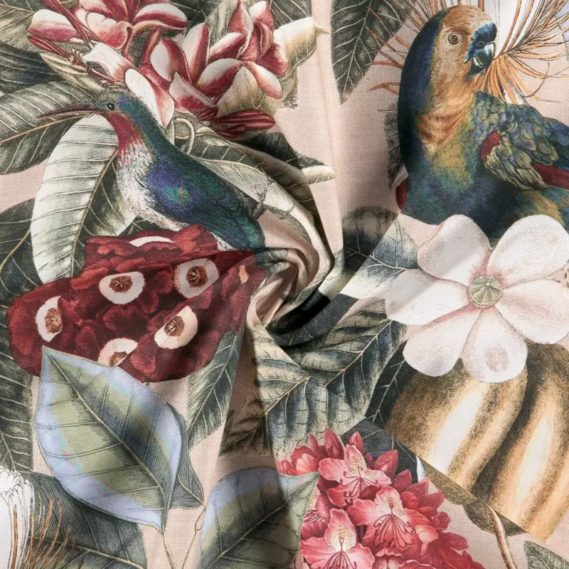Halbpanama aus 100 % Baumwolle, Rosa mit tropischen Blumen und Vögeln Beliebt