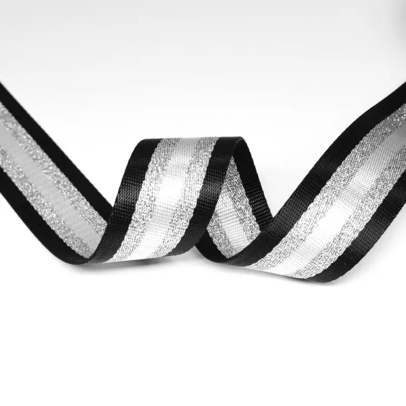 Gurtband Streifen Lurex 38 mm schwarz / silber Neu