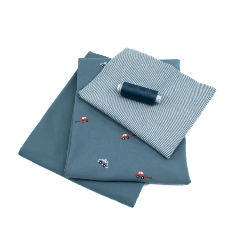 Saisonangebot Nähpaket blau - Baumwolljersey uni & Auto je 0,5m dazu Bündchen 0,25 & Nähgarn