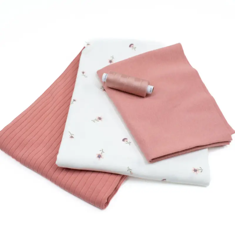 Direkt Vom Hersteller Nähpaket apricot - Ripp-Jersey uni & Baumwolljersey Blume je 0,5m dazu Bündchen 0,25m & Nähgarn