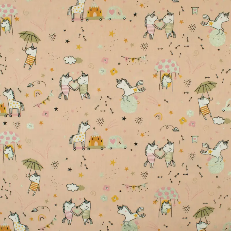 Preisknaller Baumwollstoff Popeline Glitzer Sweet Unicorns apricot