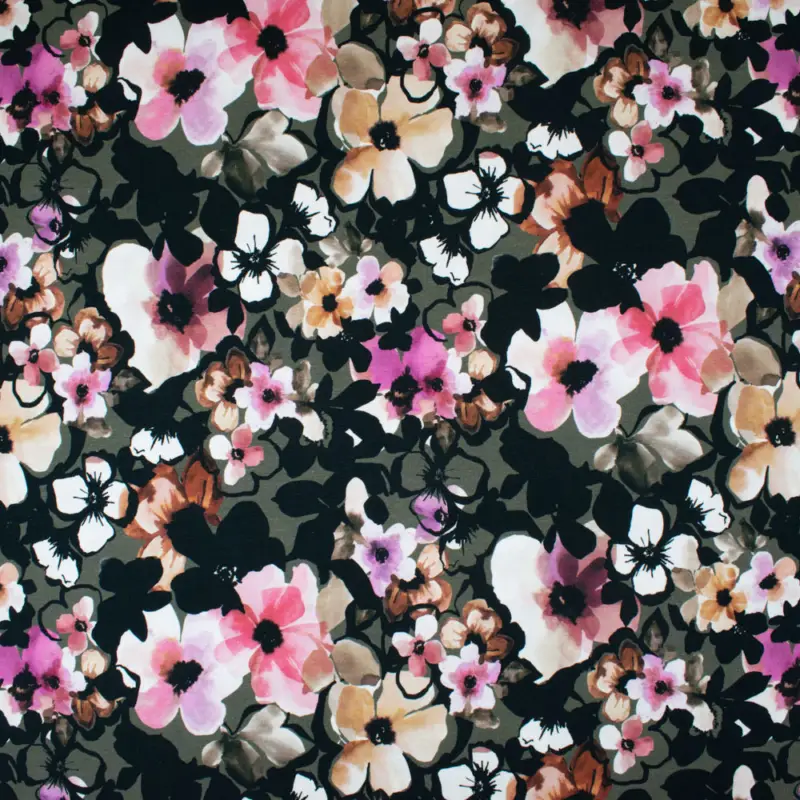 Wochenendangebot Baumwolljersey Digitaldruck Flowers oliv