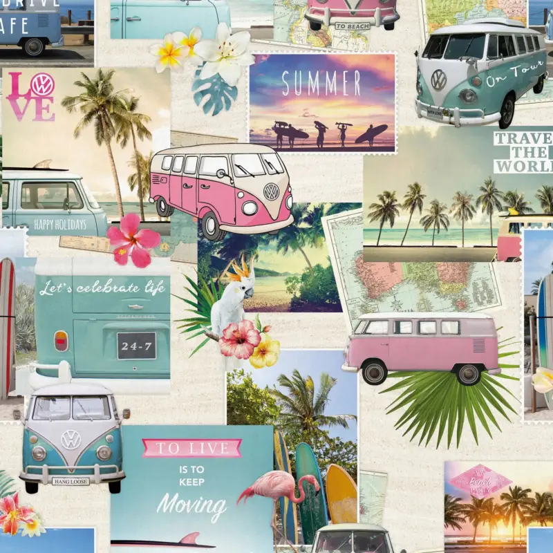 Sonderaktion Dekostoff Halbpanama Autobus Happy Holidays Lizenz