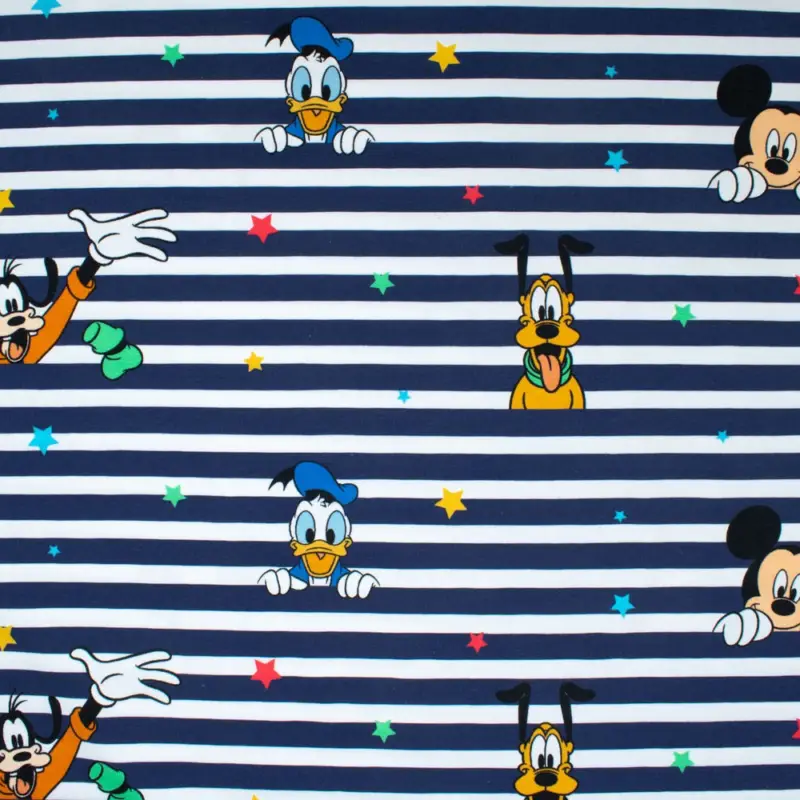 Zertifiziert Rest 0,80 Meter - Baumwolljersey Disney Family Streifen blau