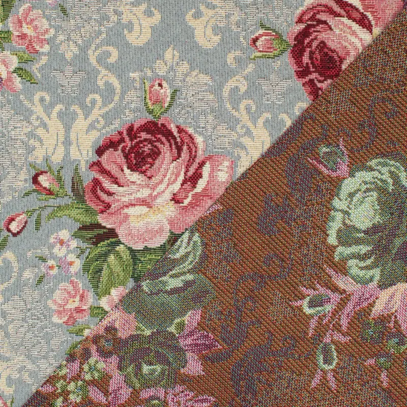 Rest 1,00 Meter - Gobelin Blumenbouquet & Ornamente taubenblau Direkt Vom Hersteller