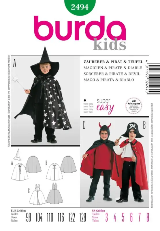 Versand Am Gleichen Tag Schnittmuster "Burda" Kostüm Fasching Karneval Zauberer Pirat Teufel 2494