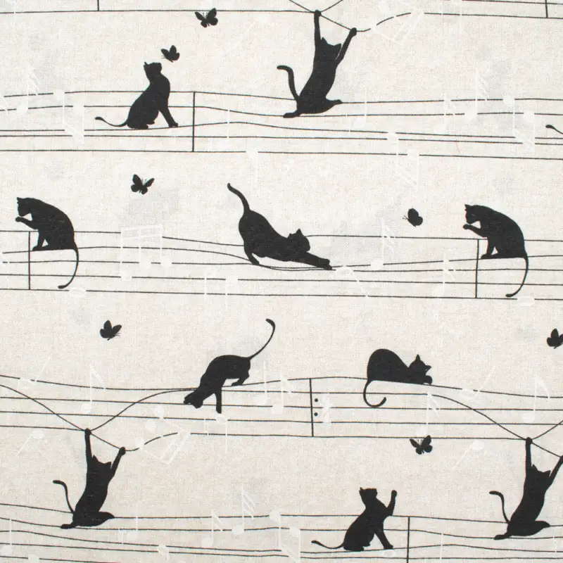 Dekostoff Musiknoten Katzen natur Zertifiziert