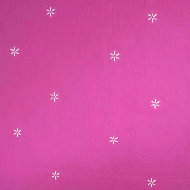 Heißes Angebot Baumwoll Musselin Double Gauze Stickerei Blumen fuchsia