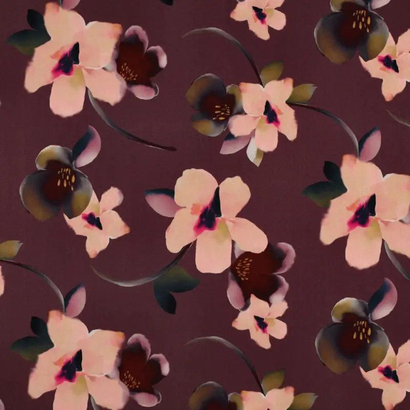 Heißes Angebot Viskose Stretch Digitaldruck Blumen aubergine