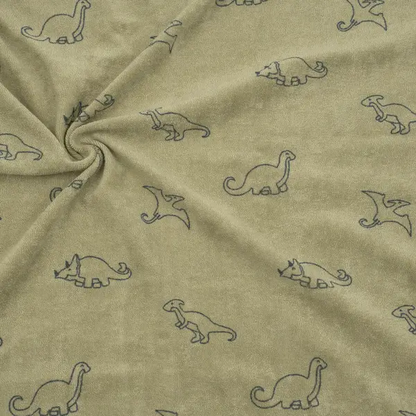 Wochenendangebot Stretch Frottee Baumwollstoff "Dinosaurier" Farbe Oliv-Grün