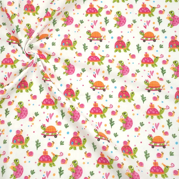 100% Baumwollstoff "Schildkröten & Schnecken" Farbe Weiss-Pink Versand Am Gleichen Tag