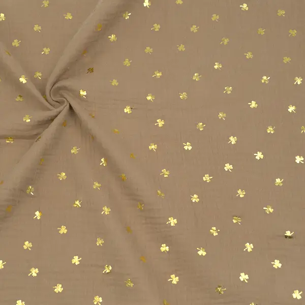 100% Baumwolle Musselin Double Gauze "Goldene Kleeblätter" Farbe Blass-Braun Heißes Angebot