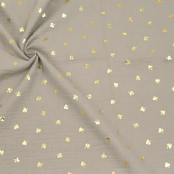 Super-Preis 100% Baumwolle Musselin Double Gauze "Goldene Kleeblätter" Farbe Taupe