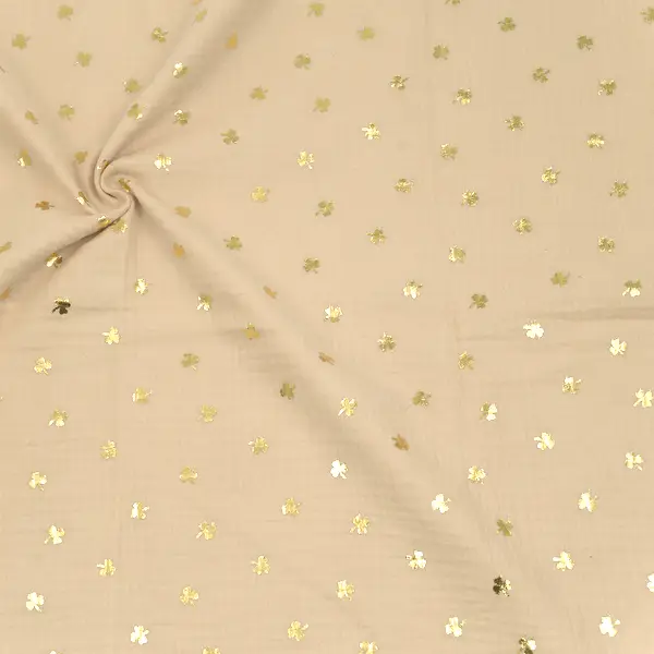 Neu Im Sortiment 100% Baumwolle Musselin Double Gauze "Goldene Kleeblätter" Farbe Sand