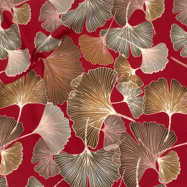 Direkt Vom Hersteller Viskose Musselin "Gingko Blätter groß" Farbe Karmin-Rot