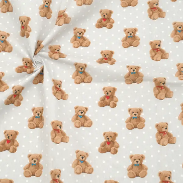 Zertifiziert 100% Baumwolle Popeline "Teddys & Tupfen" Farbe Hell-Grau