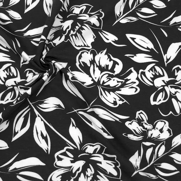 Saisonangebot Viskose Stretch Jersey "Weisse Blumen" Farbe Schwarz