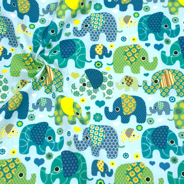 100% Baumwolle Popeline "Patchwork Elefanten" Farbe Mint-Türkis Heißes Angebot