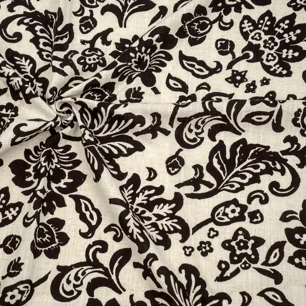 Viskose-Leinen Stoff "Blumenmuster 2" Farbe Ecru-Schwarz Bestpreis