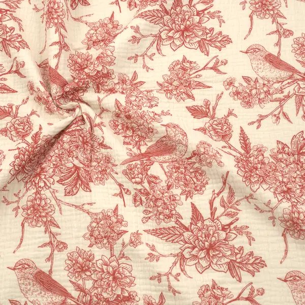 100% Baumwolle Musselin Double Gauze "Vögel" Farbe Ecru-Rot Nur Für Kurze Zeit
