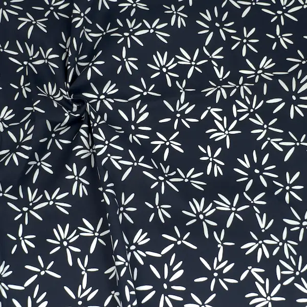 Stretch Baumwolle Satin "Weisse Blüten" Farbe Navy-Blau Bestseller