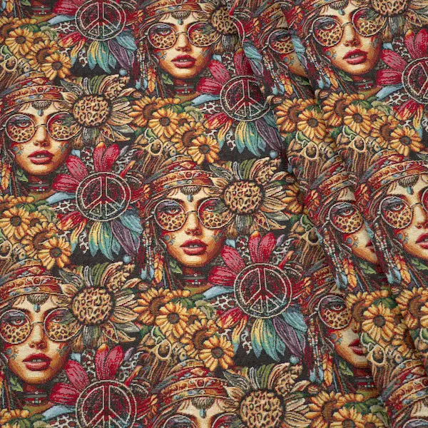 Expressversand Gobelin Möbelstoff Dekostoff "Hippie Faces" Farbe Schwarz