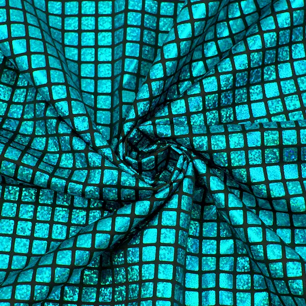 Sichere Zahlung Stretch Folienjersey "Karo Hologramm" Farbe Türkis-Blau